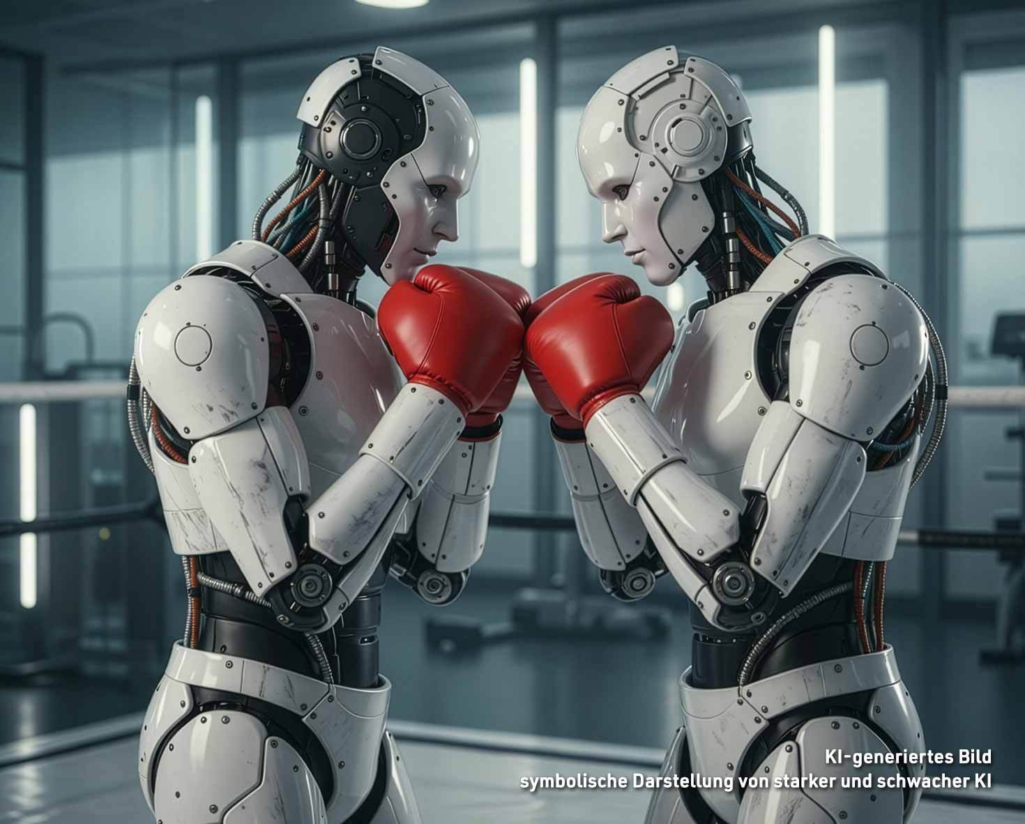 Starke vs schwache KI dargestellt durch zwei Roboter mit Boxhandschuhen im Wettkampf