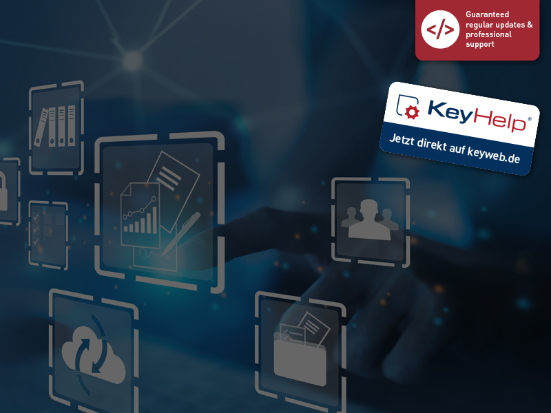 KeyHelp-Serververwaltungstool - Titelbild, bestehend aus einem blauen Hintergrund und symbolhaften Grafiken