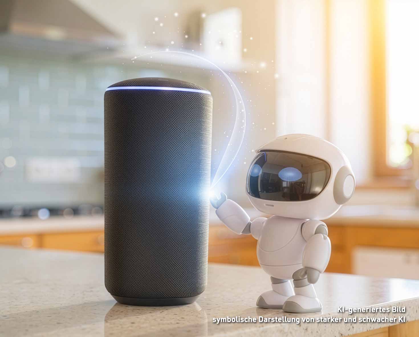 Starke vs schwache KI dargestellt durch einen Roboter, der mit einem KI-Assistenten interagiert