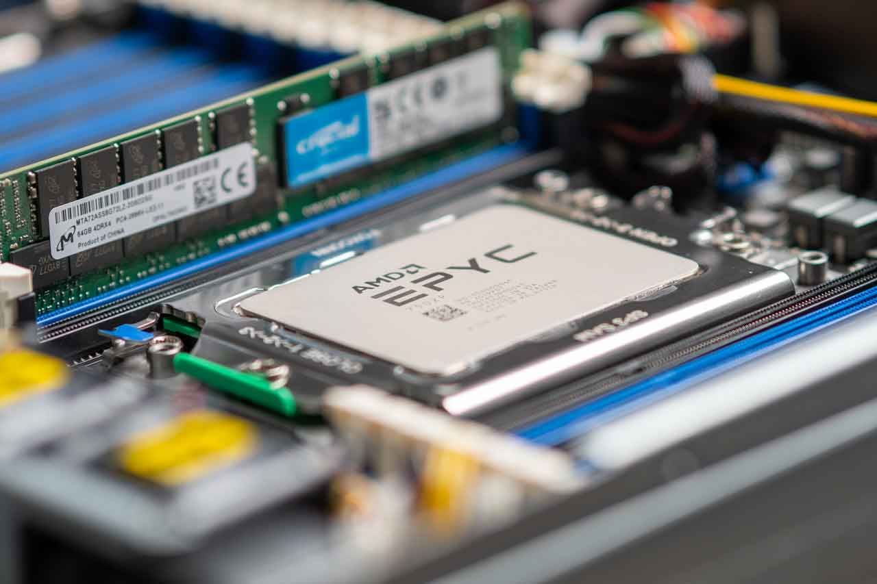 Business server containing an AMD CPU (close-up)